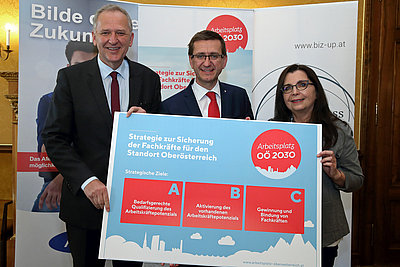 Gerhard Straßer, Landesgeschäftsführer AMS OÖ, Wirtschafts-Landesrat Markus Achleitner und Mag.a Brigitte Deu, Landesleiterin Sozialministeriumservice OÖ. (c) Land OÖ / Daniel Kauder